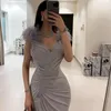 Runway Dresses Chiffon Grey Feather Prom Dress Mermaid Formal Evening Gowns V Neck Saudi Arabia Celebrity Pleat Wedding Party 2024