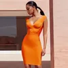 Lässige Kleider Mode Sleveless Damen Verbandkleid Orange Weiß Sexy V-Ausschnitt Rückenfrei Figurbetont Promi Abend Party Club Vestidos