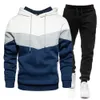 Höst och vinter varma huva tröjor passar mäns lapptäcktröja 2 -stycken pullover hoodie sportkläder 240102