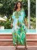 Traje de baño para mujer Edolynsa Plus Tamaño con cuello en V Vestido largo bohemio Kaftan Color vibrante Traje de baño Cover-up House Robe Outfit Beach Q1594