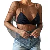 T-shirts Femmes Sexy Femme Résille Diamant Crop Top See-through Summer Strass Cover Up Y2K Style Manches Longues Col Rond Pour Les Vacances