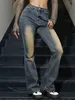 Y2K女性ファッションフレアジーンズビンテージスラントポケットウォッシュデニムパンツハイウエストスキニーボトムワイドレッグブートカットズボン240103