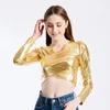 Women's Blouses Club Top Soft Stretchy V Neck Faux Leather Pullover Blouse For Women Slim Fit Performance Dance With Long Sleeve