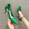 Sapatos de vestido 2024 primavera / verão raso coreano único apontado dedos oco um botão gravata cinta fina salto alto trabalho feminino
