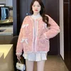 女性用ジャケットリモシー甘いピンクボウノットフェイクファージャケット女性韓国ファッションoネックラムスウールコート女性長袖ふわふわの女性