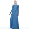 Abbigliamento etnico Ramadan Eid Abito musulmano all'ingrosso Dubai Moda Tessuto denim Abaya Maxi Abiti islamici a figura intera femminile Wy210