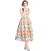 Casual Dresses Women's Sleeveless Floral Midi Dress O-Neck High Waist Slim A-Line White Birthday Ballgown Designer Vacation Summer