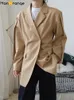 Jackets Hanorange 2022 Autumn Fashion Oblique Placket Lapel Suit Jacket Wool Women Wide Loose Blazer Coat Female Black/light Brown