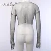 Artsu Boat Neck Long Sleeve Sexy Hollow Out Club Party Blouse Women Black Fishnet Mesh Shird Lady Diamond Beading Crop Top 240102