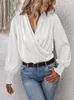 Women's Blouses Simple Cross Pleated V Neck Shirt Spring And Summer Solid Color Retro Lanternlong Sleeved Female White Office