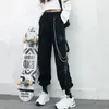 Женские брюки-карго, шаровары, модные брюки для бега в стиле панк с карманами и цепочкой, Harajuku, эластичная уличная одежда с высокой талией 240102