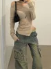 Frau Jeans mit hoher Taille, gewaschener Denim, bodenlange Hose, Taschen-Design, lässig, Kawaii, All-Match-Design, Grunge, japanische Mode 240102