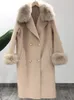 OftBuy Real Fur Coat Winter Jacket Women Natural Fox Fur Collar Cashmere Wool Blends Long Outerwear Ladies Streetwear 240102