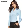 UsualYeah Women Formal Shirts Long Sleeve Body Shirt Turndown Collar V Neck OL and Blouses Striped white blue S4XL 240102