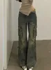 Frau Jeans mit hoher Taille, gewaschener Denim, bodenlange Hose, Taschen-Design, lässig, Kawaii, All-Match-Design, Grunge, japanische Mode 240102