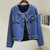 Vintage Blue Tweed Jacquard Denim Jacket Coat Women Loose Short Cowboy Outerwear Frayed O Neck Big Pocket Jeans Jacket Female 240102