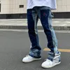 Vintage Distressed Splash Ink Flare Jeans Herren Streetwear Patchwork Hip Hop Graffiti Heavy Wash Blau Slim Fit Denim Hosen Männer 240103