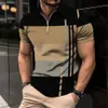 Erkek Zip Polo Gömlek 3D Stripe Baskı Moda Giyim Yaz İş Gündelik T-Shirt Erkek Polo Gömlek Zip Kısa Kollu Sokak Top 240103