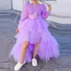 Party Dresses Elegant Purple Tulle Prom Long Sleeves Hi Low Girls Pageant Dress Gowns Ruffles Layers Formal Event