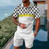 Yaz erkek takım elbise trend 3d baskı vintage kontrol polo gömlek şort iki parça set yumuşak moda sıradan erkek giyim