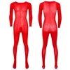 Kvinnors badkläder Mens Glossy Stretchy Bulge Pouch Leotard Unitard Costume Underkläder Långärmad bodypocking Sexig Se genom bodysuit