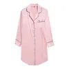 Nachtwäsche Langarm-Nachthemd Satin Sleepshirt Knopfleiste vorne Pyjama-Oberteil für Damen 240102