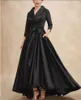 High Low Black Simple Mother of the Bride Dresses with Pockets V-neck 3/ Long Sleeves A Line Satin Formal Party Gowns Elegant Wedding Guest Dress for Women