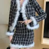 Work Dresses Women's Winter Two-Piece Sets Fur Coat Sexy Hip Waist Skirt Suits Ladies Sweet