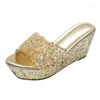 Slippers On A Wedge Low Shoes Woman 2024 Glitter Slides Peep Toe House Platform Transparent Heel Pantofle Heeled Mules Jelly