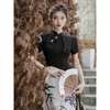 Ethnic Clothing Vintage Black Ink Painting Spliced Short Sleeved Cheongsam Dress For Women Summer Modern Chinese Style Qipao Clothes