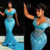 Artı Boyut Aso Ebi Prom Elbiseler IceBlue denizkızı şeffaf boyun illüzyonu kısa kollular Afrika Nijerya Siyah Kadınlar Gowns Party NL277