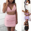 Сексуальный женский комплект розовой меховой одежды, летняя клубная одежда, укороченный топ с лямкой на бретельках, бюстгальтер + мини-облегающая юбка, женская вечерняя вечеринка