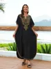 Women's Swimwear EDOLYNSA Golden Embroidered Bohemian Black Robe Kaftan Oversized Holiday House Dress Bathing Suit Cover Up Outfit Caftan