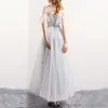 Party Dresses D282 In Fashion Silver Boat-Neck A-Line Tulle Formal Evening Dresses/Bridal Wedding Prom Gowns Beading