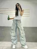 Jeans da donna stile americano con bottoni a pressione jeans dritti multitasche paio di pantaloni larghi a vita bassa lavati con fori strappati 240102