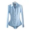 Office Blus Solid Body Shirt Turndown Collar V Neck Long Sleeve Buttons Up Women Tops and Blauses Light Blue White 240102