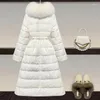 Women's Trench Coats Fur Collar Hooded Women Down Jackets 2024 Winter Fashion Lace Crochet Waist Drawstring Long Female Outerwear