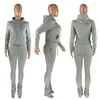 Women's Two Piece Pants Grey Hoodie Tracksuit Women Set Winter Thick Sweatshirts And Stacked Sweatpants Jogger Sport Sweatsuits For