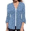 Women's Blouses Ladies Polka Dot Straight Line Printed Solid Color V-Neck Open Front Cardigan Women Three-Quarter Sleeve Sunscreen Outerwear
