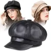 Berretti in pelle PU da donna autunno inverno Sboy cappello da pittore di strada vintage britannico cappelli ottagonali francesi rossi neri