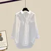 Calças femininas de duas peças verão elegante conjunto camisa branca blusa colete carta criativa calças largas perna três lazer agasalho