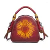 Borse da sera Borsa a tracolla da donna in vera pelle Messenger Borsa a tracolla in rilievo Borsa a forma di fiore del sole in rilievo Designer femminile in vera pelle di vacchetta Una spalla