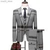 Herrenanzüge Blazer Herren Hochzeit Kariertes Blau Grau Blazer Jacke Hose Weste 3-teiliges Set 2023 Slim Fit Business Smoking Kleid Klassische formelle Anzüge Mantel Q230103