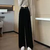 Calças femininas preto veludo perna larga 2024 primavera e outono estilo coreano cintura alta manequim elegante solto casual reto