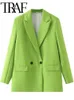 TRAF femme mode vert ample costume veste OL printemps Vintage couleur unie Blazers Double boutonnage femme Chic longs manteaux 240102