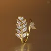 Cluster Rings Fashion Super Shiny Zircon Leaf Shaped Ring For Women Personality And Elegant Adjustable Opening Golden Color