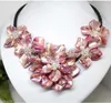 Kettingen Sieraden 8 KleurenHandgeweven Gele Schelp 5 Bloemen Parel Kristal Zwart Lederen Bib Ketting 18"