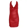 Casual Dresses 2024 Women Sexy Black And Red Wet Look Backless Bandage Faux Leather Bodycon Dress