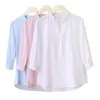 Insta Half Sleeve Elegant Shirt White Pink Button Vintage Blus Stand Collar Ladies Cotton Female S3XL 240102