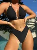 Maillot de bain pour femmes, grande taille, Bikini, noir, Sexy, col licou, Push Up, ensemble 2 pièces, vêtements de plage, été, 2024